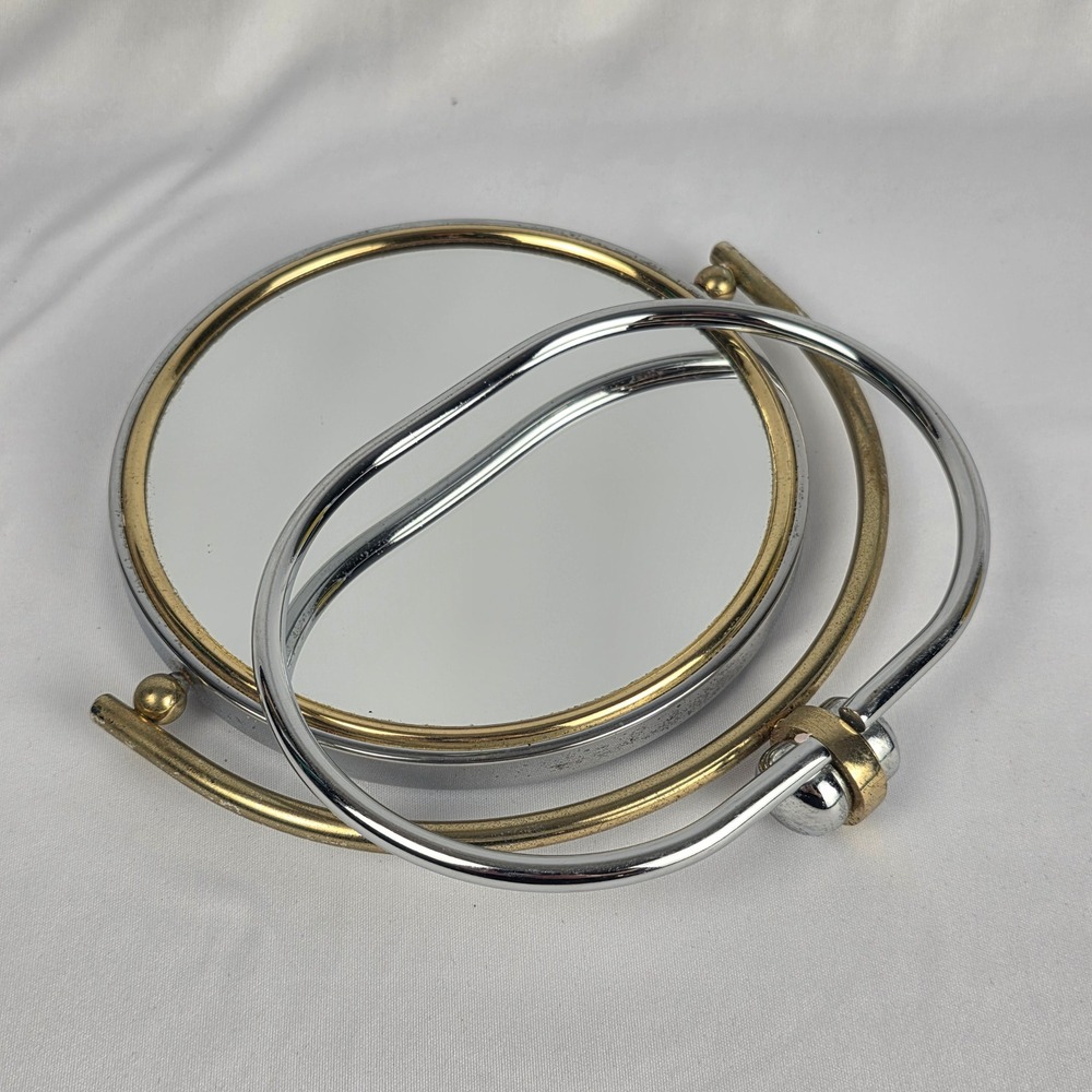 Vintage 5" Double Sided Folding Magnifying Travel Vanity Mirror MCM Chrome Brass - Picture 5 of 13